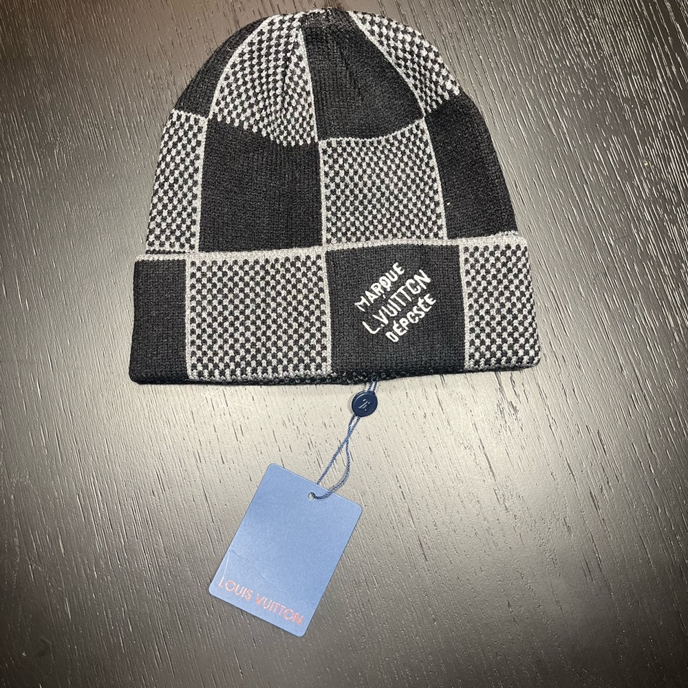 Louis Vuitton Black and White Checkered Beanie